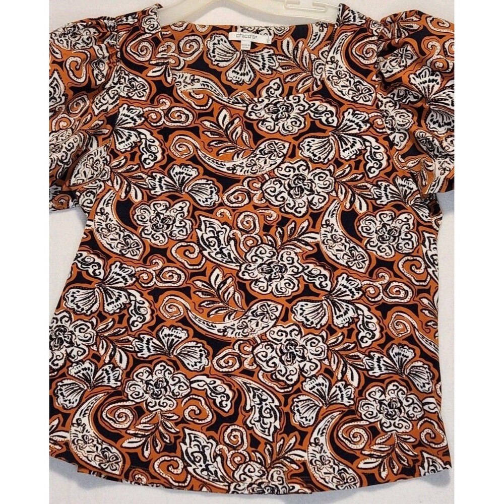 Chicos Size 3 XL Puff Short Sleeve Top Paisley Floral Navy Brown Casual Basic - Picture 2 of 12